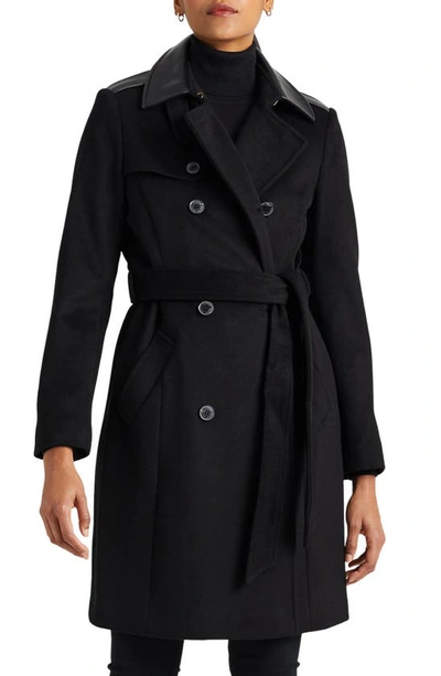 Lauren Ralph Lauren Tie Waist Faux Leather Trim Wool Blend Coat In Black
