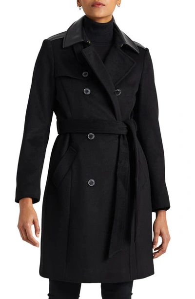 Ralph Lauren Tie Waist Faux Leather Trim Wool Blend Coat In Black