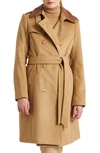 Ralph Lauren Tie Waist Faux Leather Trim Wool Blend Coat In Camel