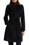 Ralph Lauren Tie Waist Faux Leather Trim Wool Blend Coat In Regal Navy