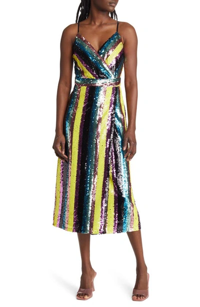 Adelyn Rae Solana Sequin Stripe Midi Cocktail Dress In Multi Bright