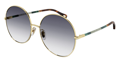 Chloé Chloe Blue Round Ladies Sunglasses Ch0112s 001 61 In Blue / Gold