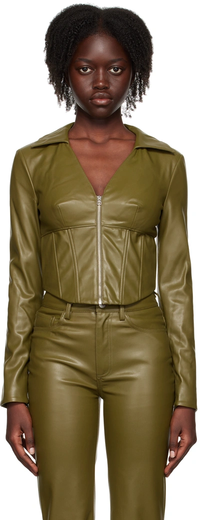 Staud Green Brushes Faux-leather Blouse In Avocado