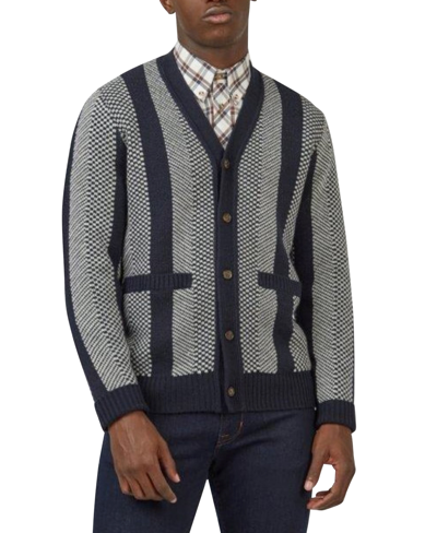 Ben Sherman Men's Jacquard V-neck Striped Button-front Cardigan Sweater In Dark Navy