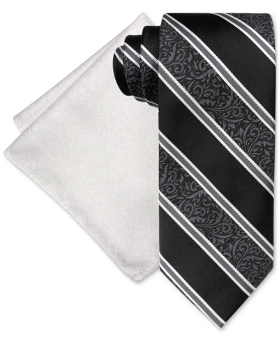 Steve Harvey Men's Classic Paisley Stripe Tie & Tonal Paisley Pocket Square Set In Black