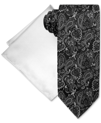 Steve Harvey Men's Classic Floating Paisley Tie & Solid Pocket Square Set In Black