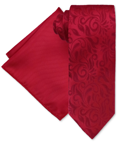Steve Harvey Men's Classic Tonal Vine Tie & Solid Pocket Square Set In Red