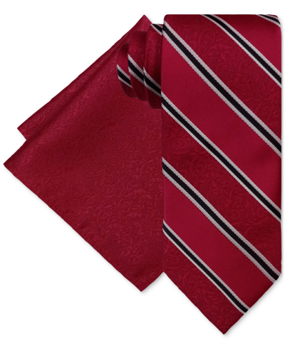 Steve Harvey Men's Classic Paisley Stripe Tie & Tonal Paisley Pocket Square Set In Red