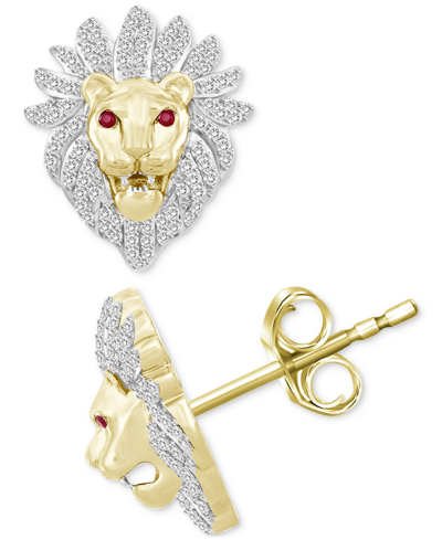 Macy's Men's Diamond (1/2 Ct. T.w.) & Ruby Accent Lion Head Stud Earrings In 10k Gold