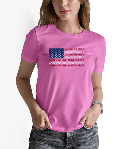 La Pop Art Women's Land Of The Free American Flag Word Art T-shirt In Pink