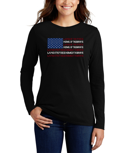 La Pop Art Women's Land Of The Free American Flag Word Art Long Sleeve T-shirt In Black