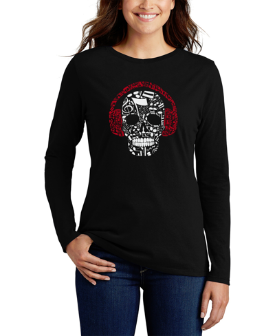 La Pop Art Women's Music Notes Skull Word Art Long Sleeve T-shirt In Black