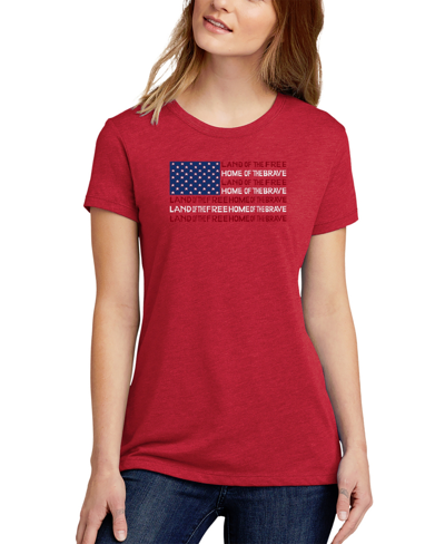La Pop Art Women's Premium Blend Land Of The Free American Flag Word Art T-shirt In Red