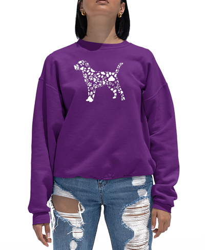 La Pop Art Women's Dog Paw Prints Word Art Crewneck Sweatshirt In Purple