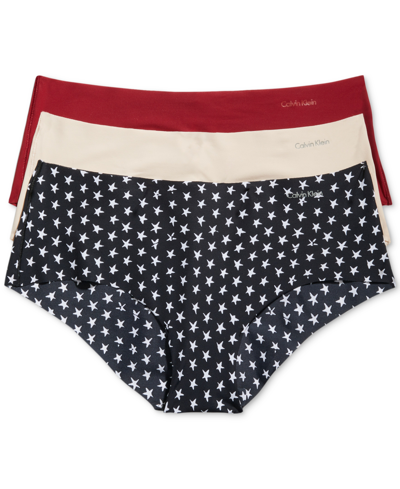 Calvin Klein Invisibles Hipster 3-pack In Star Stamp/beechwood/red Carpet