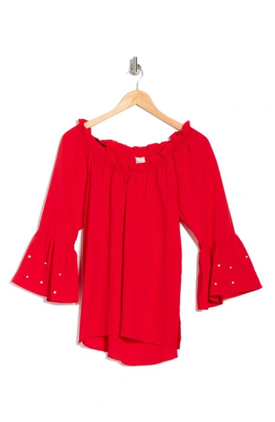 Forgotten Grace Pearly Studded Cuff Peasant Top In Red