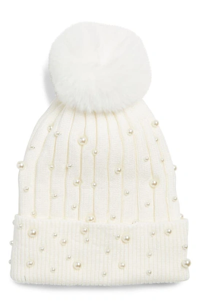 Natasha Faux Pearl Knit Beanie In Ivory