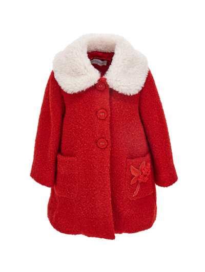 Monnalisa Kids'   Bouclé Coat With Wool Embroidery In Ruby Red