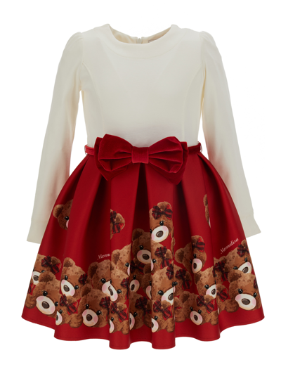 Monnalisa White Dress For Girl With Bears In Ruby Red