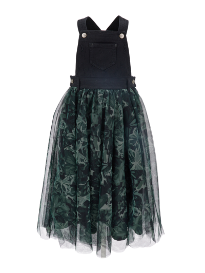 Monnalisa Kids'   Denim Dungarees With Camouflage Tulle In Black + Green