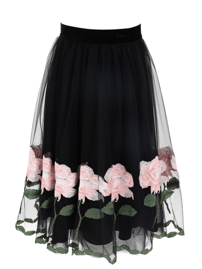 Monnalisa Floral-embroidered Tulle Skirt In Black