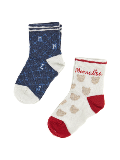 Monnalisa Babies'   Teddy And Logo Cotton Socks Set In Red + Blue