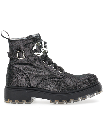 Monnalisa Glitter Suede Combat Boots In Black