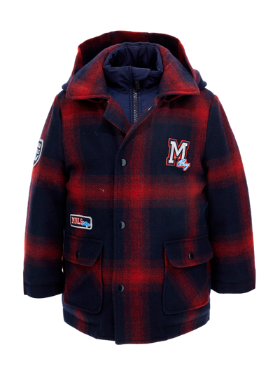 Monnalisa Kids'   Duffle Coat With Hood And Patch In Navy Blue + Ruby Red