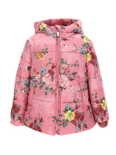 Monnalisa Kids'   Floral Technical Down Jacket In Blush Pink