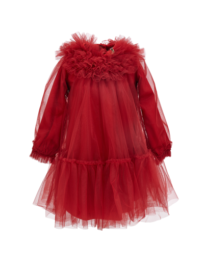 Monnalisa Silk-touch Tulle Dress With Trim In Ruby Red