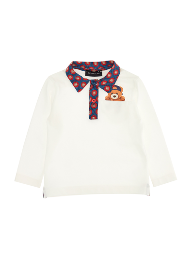 Monnalisa Teddy Bears Print Jersey Polo Shirt In Cream + Navy Blue