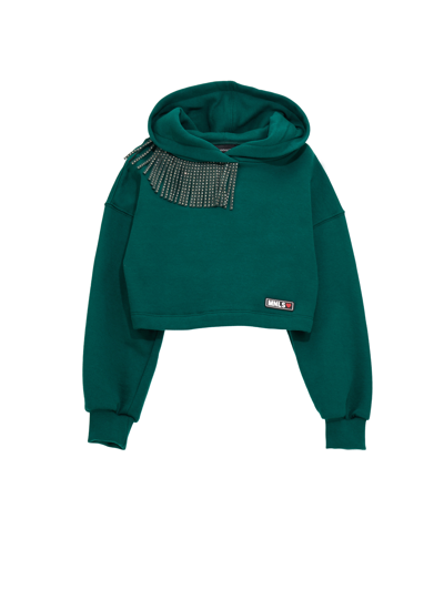 Monnalisa Cropped Sweatshirt With Fringes In Dark Green