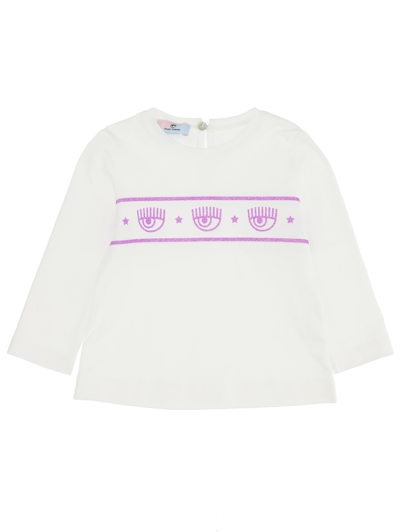 Chiara Ferragni Kids'   Maxi Logomania Long-sleeved Lurex T-shirt In Cream