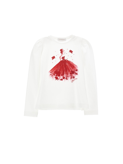 Monnalisa Kids' Ballerina-print Long-sleeve T-shirt In Cream + Ruby Red