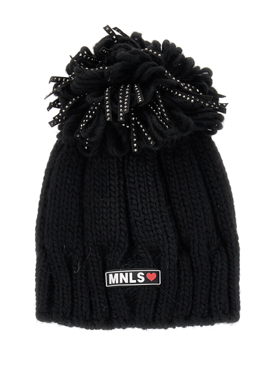 Monnalisa Knitted Hat With Fringes And Studs In Black
