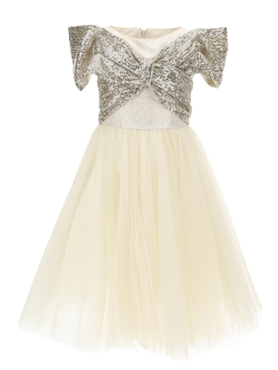 Monnalisa Angel Brocade Dress In Beige + Platinum