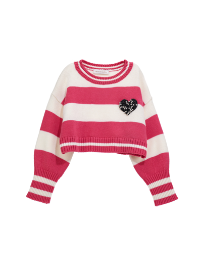 Monnalisa Striped Wool Blend Crop Knit Sweater In Cream + Sachet Pink