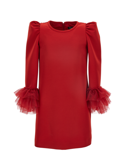Monnalisa Kids'   Crêpe Dress With Ruffle Cuffs In Ruby Red