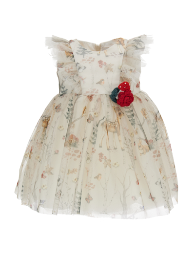 Monnalisa Forest Treasures Print Tulle Dress In Beige + Red