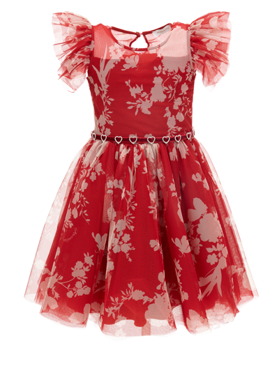Monnalisa Ramage Tulle Dress In Ruby Red + Ecru