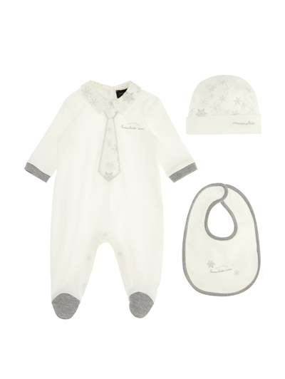 Monnalisa Babies'   Three-piece Newborn Set With Cotton Tie In Cream + Grey