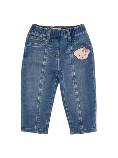 Monnalisa Teddy And Logo Denim Jeans In Stone Bleach