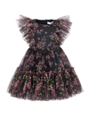 Monnalisa Floral-print Tulle Dress In Black + Sacket Pink