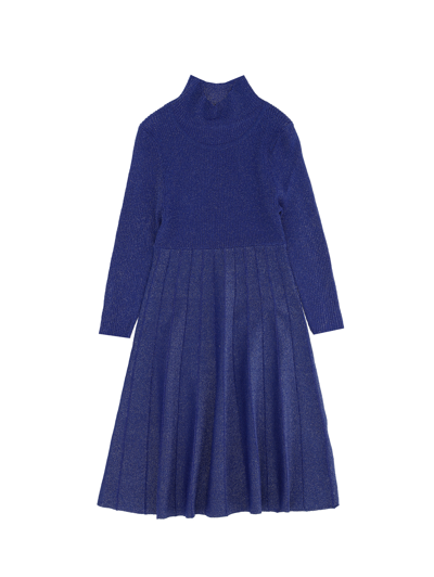 Monnalisa Pleated Lurex Knit Dress In Steel Blue