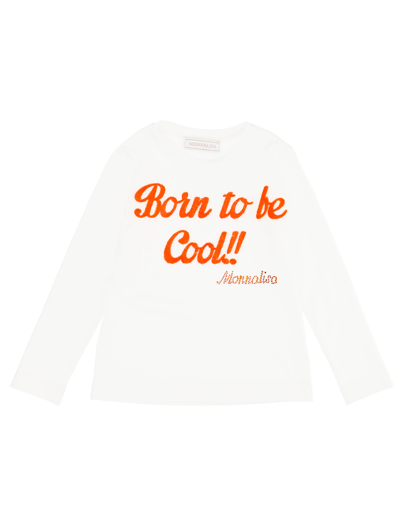 Monnalisa Kids'   Long-sleeved "born To Be Cool" T-shirt In Cream + Maple