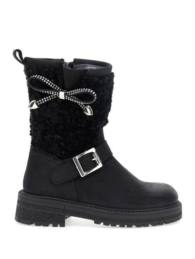 Monnalisa Lined Nubuck And Wool Boots With Bow In Black