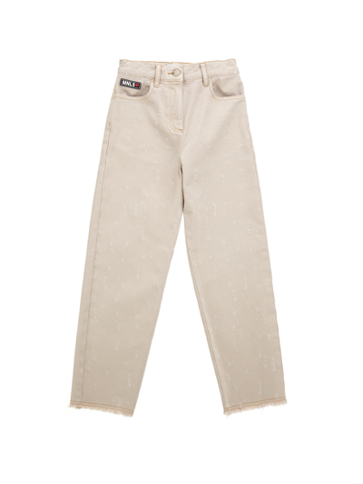 Monnalisa Five-pocket Drill Jeans With Rips In Ecru