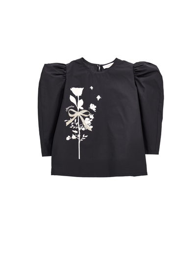 Monnalisa Long-sleeved Rose Poplin T-shirt In Black