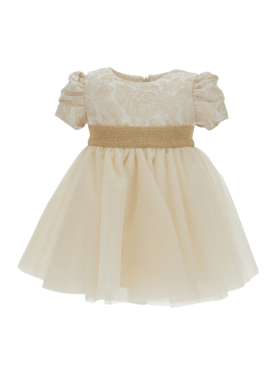 Monnalisa Brocade And Tulle Dress In Cream