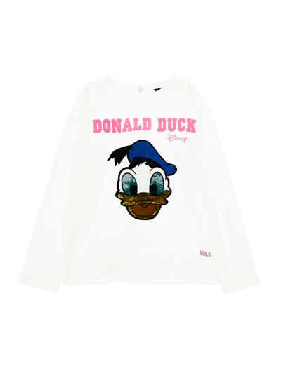 Monnalisa Donald Duck Long-sleeved Jersey T-shirt In Cream + Light Blue